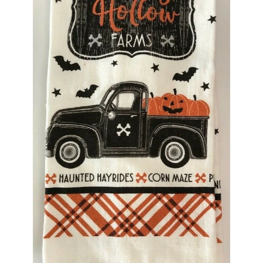 Halloween Kitchen Dish Towels Oven Mitt Potholder Set of 4 Farm Truck Pumpkins